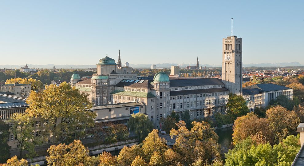 The Deutsches Museum on its island in the Isar, with Munich and the Alps on the horizon.